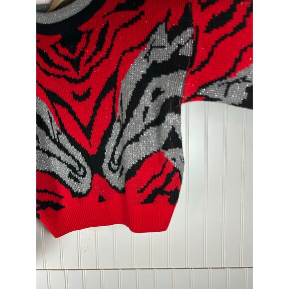 Vintage DEB 80's Zebra women Sweater grey red silver size Long - Picture 3 of 8